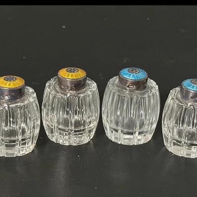 MidCentury Modern Meka Denmark Sterling Silver Lid and Guilloché Enamel Salt Pepper Shakers, 4 Pcs