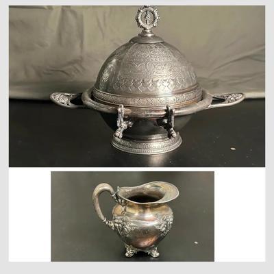 Quadruple Silverplated Serveware: Meridian Serving Dish with Lid and Creamer Jug