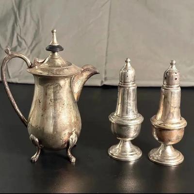 Weighted Sterling Silver Salt Pepper Shakers and Silverplated Creamer