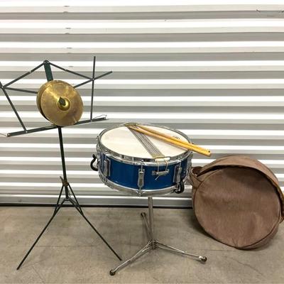 1960s Ludwig Pioneer Snare Drum, Snare Stand, Manjira Cymbals, Vintage Music Stand
