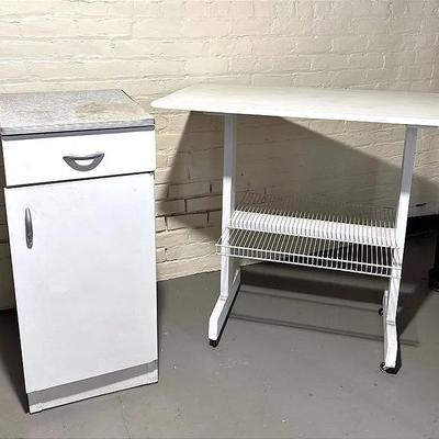 Metal Cabinet And Wooden Folding Table On Wheels