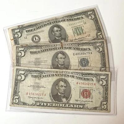 Series 1950B Green Seal $5 Federal Reserve Note, Series 1963 $5 Note, Series 1953 Blue Seal $5 