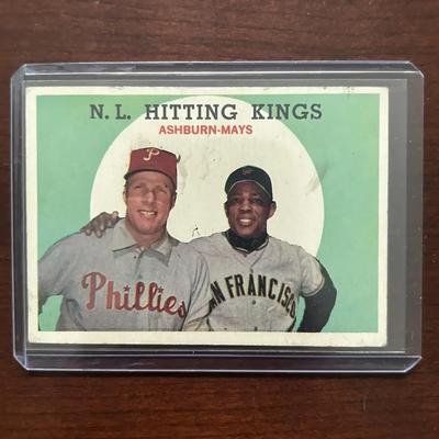 1959 Topps Baseball Card. NL Hitting Kings, Richie Ashburn & Willie Mays. Card #317