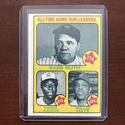 1973 Topps Baseball Card. All Time Home Run Leaders - Babe Ruth, Hank Aaron, Willie Mays. Card #1