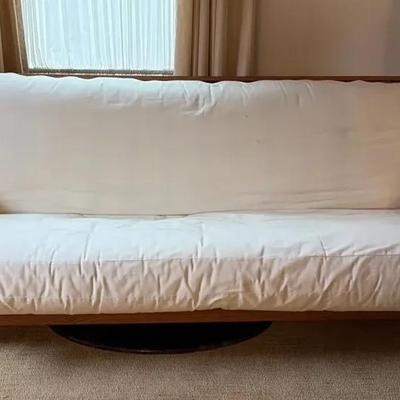Futon With Oak Trim And Off White Cushions