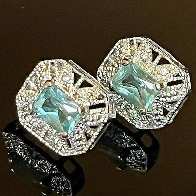 Sterling Silver .925 Green Stone Filigree Earrings 