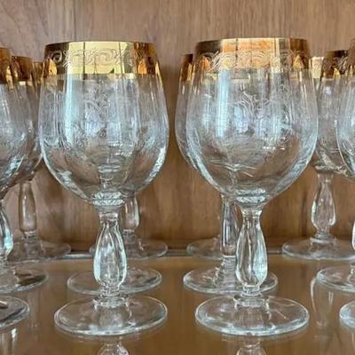 Vintage Etched Crystal Wine Glasses With Gold Rims