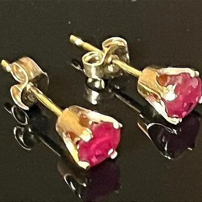14K Yellow Gold Genuine Ruby Stud Earrings