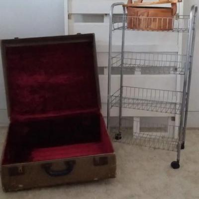 Folding Bookshelf, Rolling Metal Cart, Velvet Lined Suitcase + Unique Wooden Lidded Box