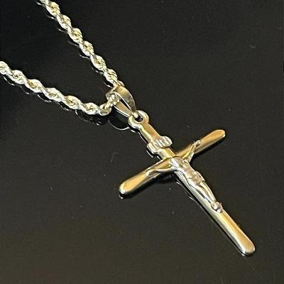 14K Yellow Gold Rope Chain with 14K Two Tone INRI Crucifix Pendant 