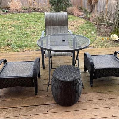 Cast Aluminum Table, Patio Chair And Two Vinyl Footrests