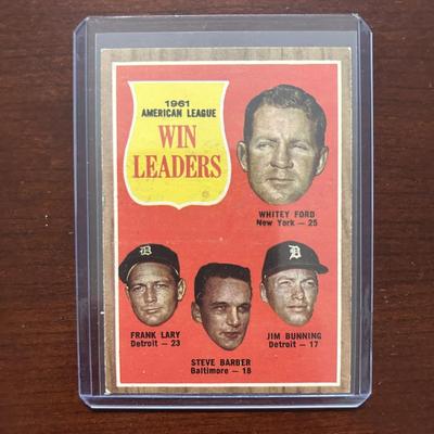 1962 Topps Baseball Card. AL Win Leaders - Whitey Ford, Jim Bunning