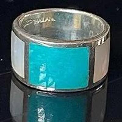 .925 Sterling Silver Imitation Turquoise Mother of Pearl Ring
