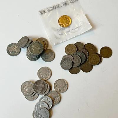 Buffalo Nickels (15), Indian Head Pennies (15), WWII Silver Nickels and Gold Plated Buffalo Nickel 