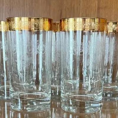 Vintage Etched Crystal Highball Glasses With Gold Rims