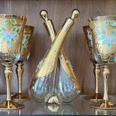 Bohemian Crystal Wines Hand Decorated Floral Motif Over Gold
