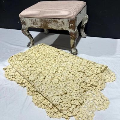 French Style Cabriole Legs Stool & Crocheted Table Cloth
