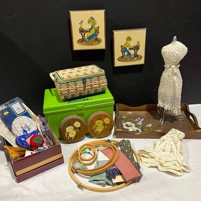 Vintage Handpainted Plaques & Tray, Sewing Boxes & Accessories