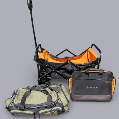 Orange Wagon, Green Duffle Bag, & Atlas Laptop Bag