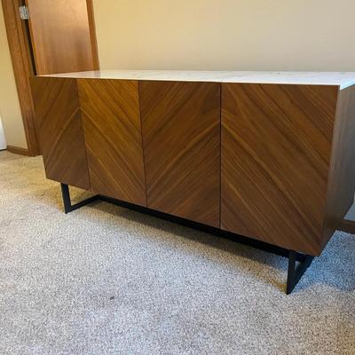 CB2 Suspend 57" Walnut Wood Media Console w/ White Marble Top