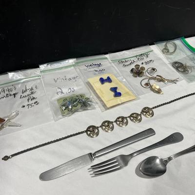 1940’s Wood & Lucite Pin, Sterling Vintage Brooch Pin & Us Military Issue Stainless Flatware