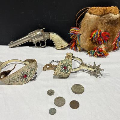 Roy Rogers Cowboy Spurs, Hi-Ranger Toy Gun, Fur Pouch & Old Coins