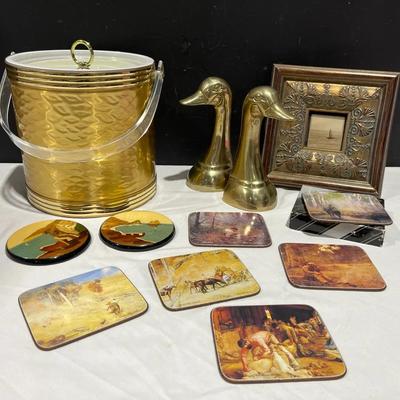 Collection Of Home Decor Including Gold Tone Ice Bucket, Brass Duck Bookends, Coasters & More