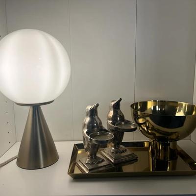 “Bilia” Table Lamp in Satin Nickel Finish, Penguin Candle Holders, Brass Pedestal Fruit Bowl & Tray