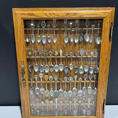 Souvenir Spoon Collection In Oak Finish Glass Hanging Display Cabinet 