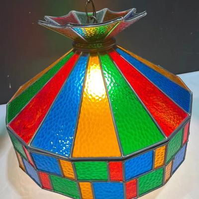 Vintage ‘70’s Tiffany Style Stained Glass Hanging Swag Lamp Shade