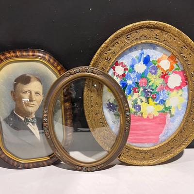 Collection Of Vintage Antique Frames With Artwork, Photograph & Bubble Glass