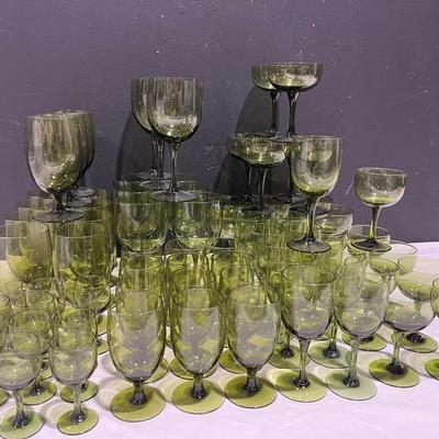 MCM Olive Green Glassware Including Wine, Water, Champagne Coupe & More