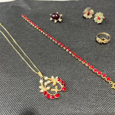Collection Of Vintage Gold-Tone Jewelry With Red Glass Rhinestones