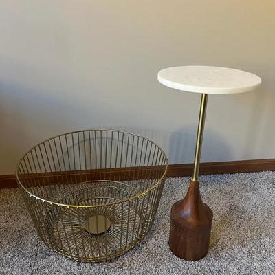 West Elm Hudson Drink Side Table/Plant Stand in a Walnut & Brass Finish & Basket w/ Gold Finish