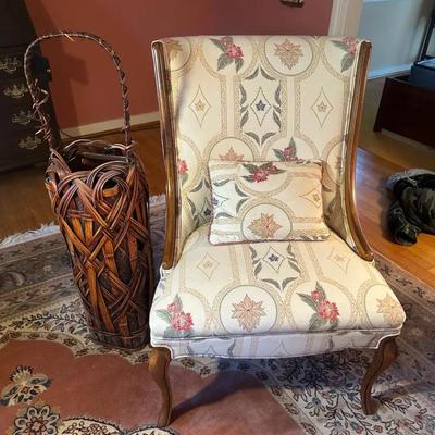 Upholstered French Provincial Style Chair & Japanese Ikebana Bamboo Basket