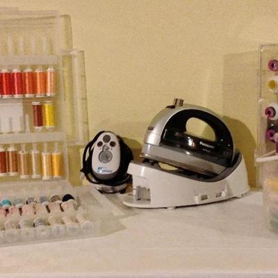 Quilting Thread, Irons, Small Ironing Board And Folding Table