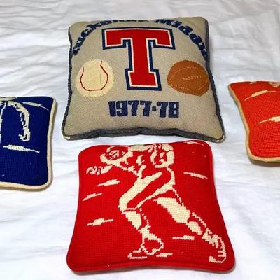4 Vintage Needlepoint Sports Pillows