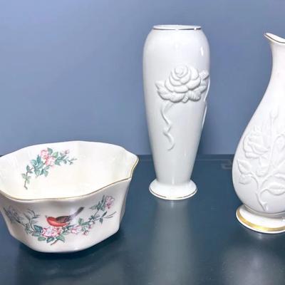 Lenox Rosebud & Sharon Vase & Lenox Serenade Bowl