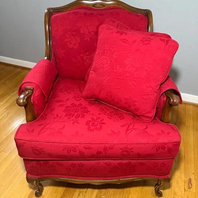 French Provential Style Accent Chair W/ Red Damask Upholstery 