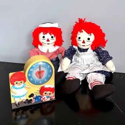 Raggedy Ann & Andy Dolls And Vintage Clock