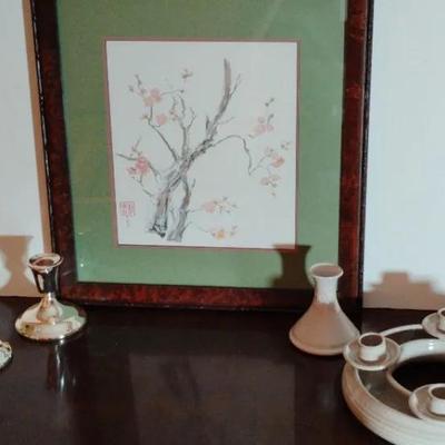 Pottery Candle Holders, Asian Inspired Prints, Silver Toned Candlesticks And Bronze Buddha Statues