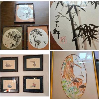 Asian Art, Bamboo Design Frames, Vintage Watercolor 