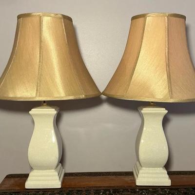 White Crackle Glaze Ceramic Table Lamps with Gold Fabric Shades 26"h