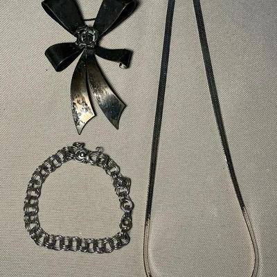 Le Gro Sterling Silver Bow Brooch, Herringbone Chain, Bracelet