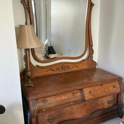 Antique Tiger Oak Dresser With Beveled Swivel Mirror