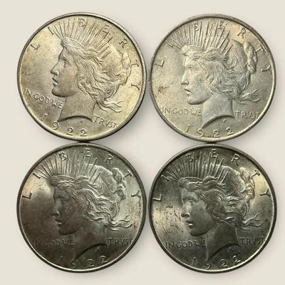 Four 1922-P Peace Silver Dollars 