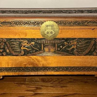Chinese Dragon Carved Wood Blanket Chest