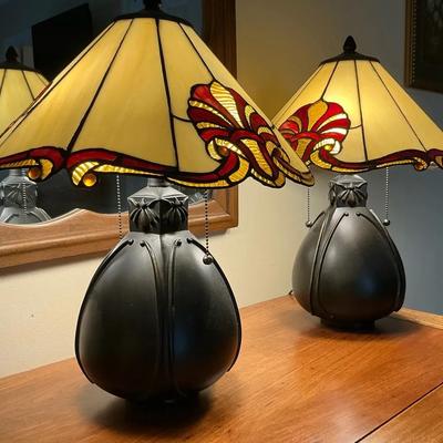 Set Of Two Leaded Stained Glass Table Lamps Possibly Bronze 