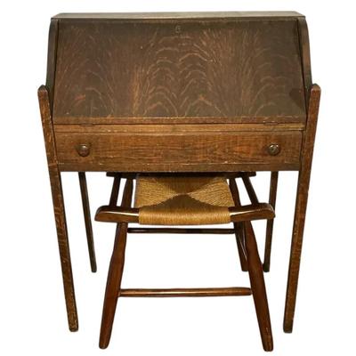 Antique Wood Writing Desk with Stool