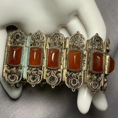 Filigree Metal & Carnelian Bracelet Pin Closure